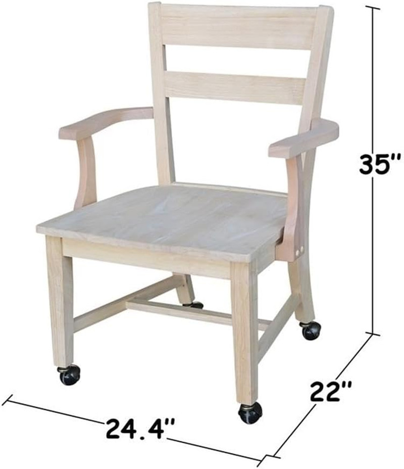 , Solid Wood Dining Chair with Casters, Unfinished, 225Lbs Wt Capacity, Solid Re