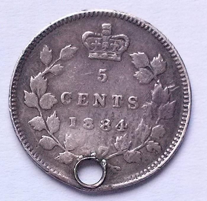 Canada 1884 5c Silver Coin Scarce Date Queen Victoria Holed Near 4 Version