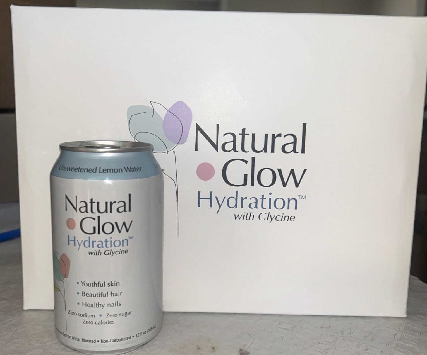New Natural Glow Hydration Unsweetened Lemon Water 12 pack (12 floz ea) Glycine