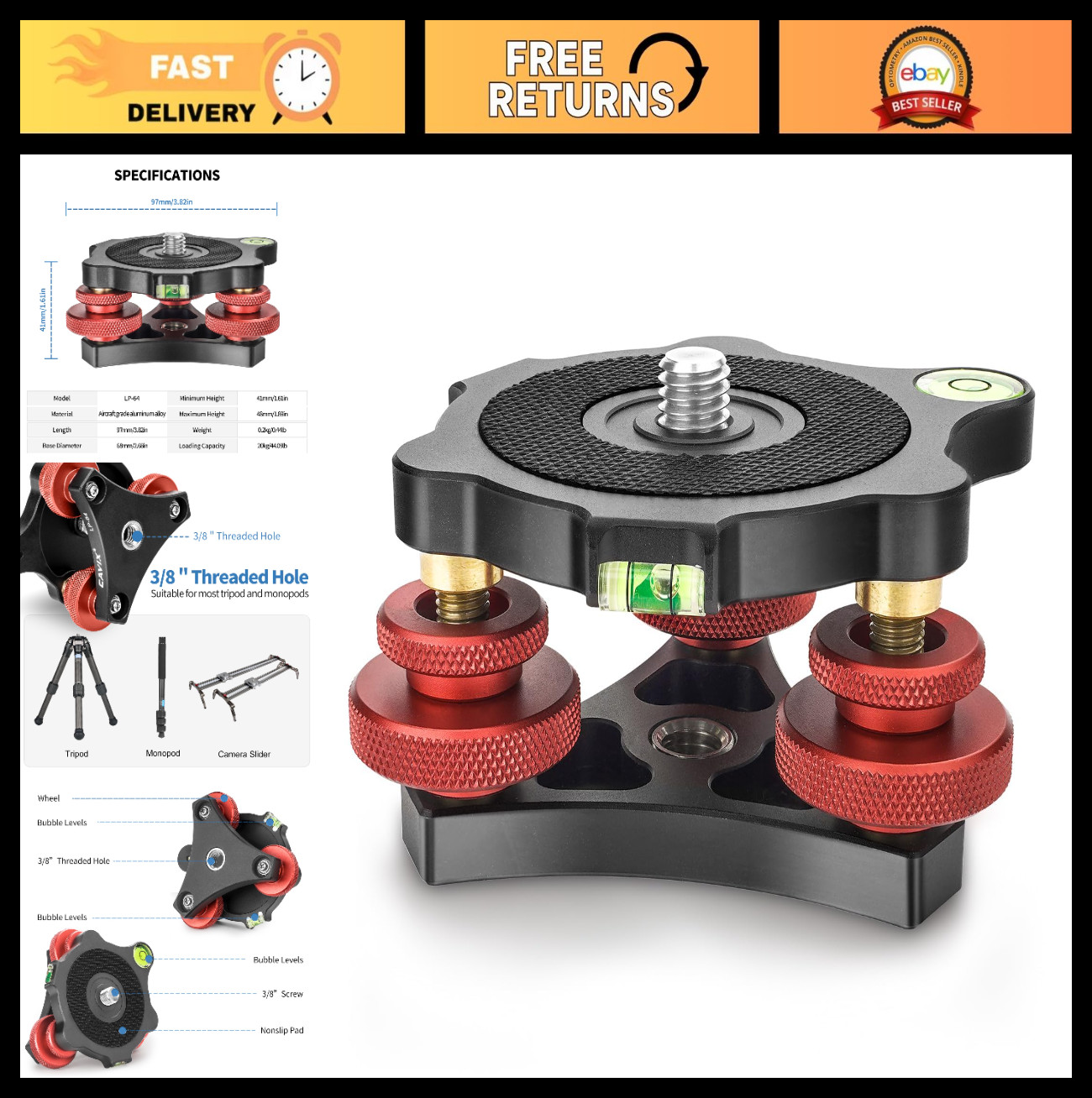 Camera Leveler Tripod Base with Bubble Level - 3 Axis Precision Adjustment for D