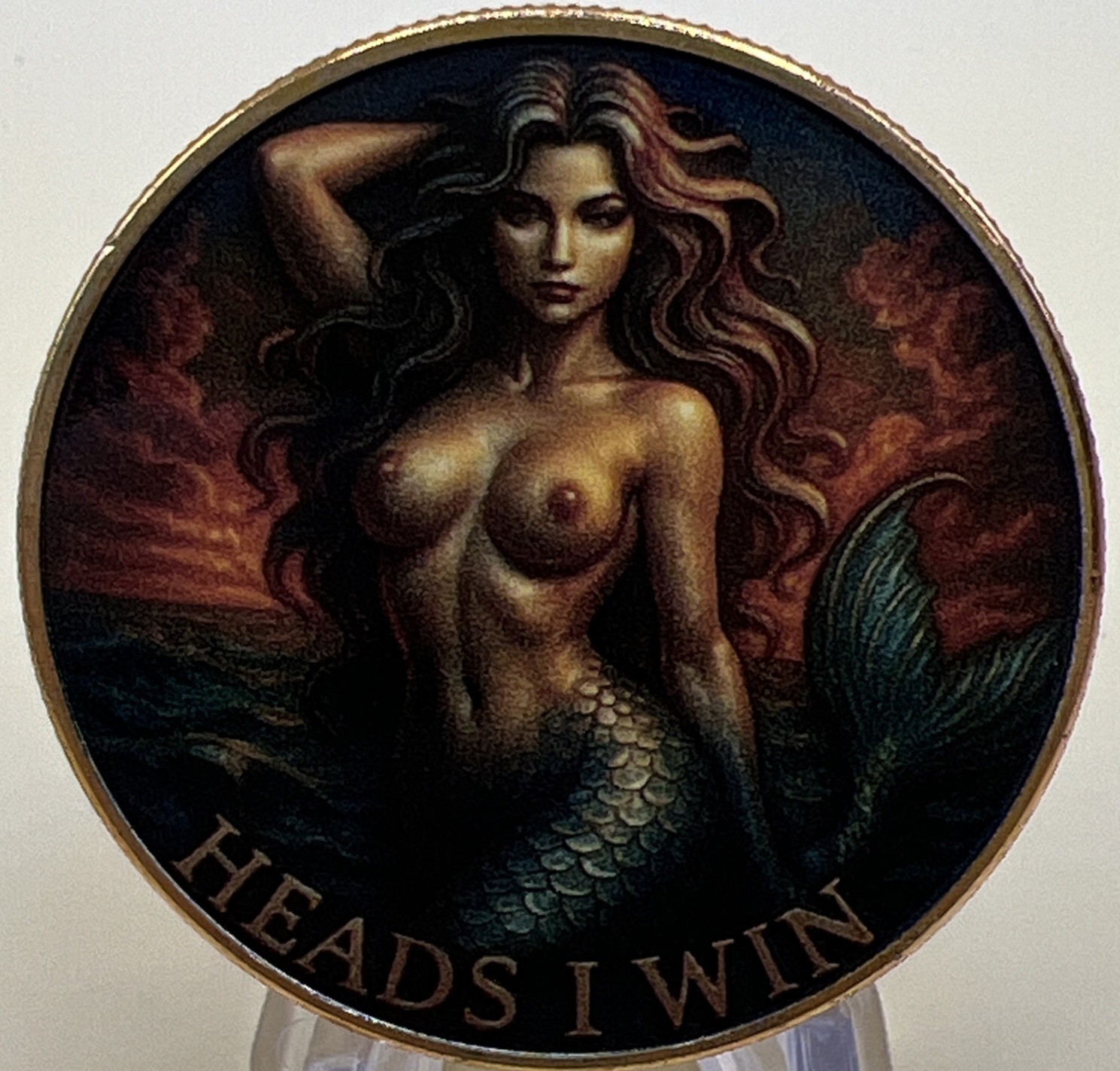 * "Heads I Win - Tails You Lose" Adult Nude Mermaid Flipping Coin. Brand New