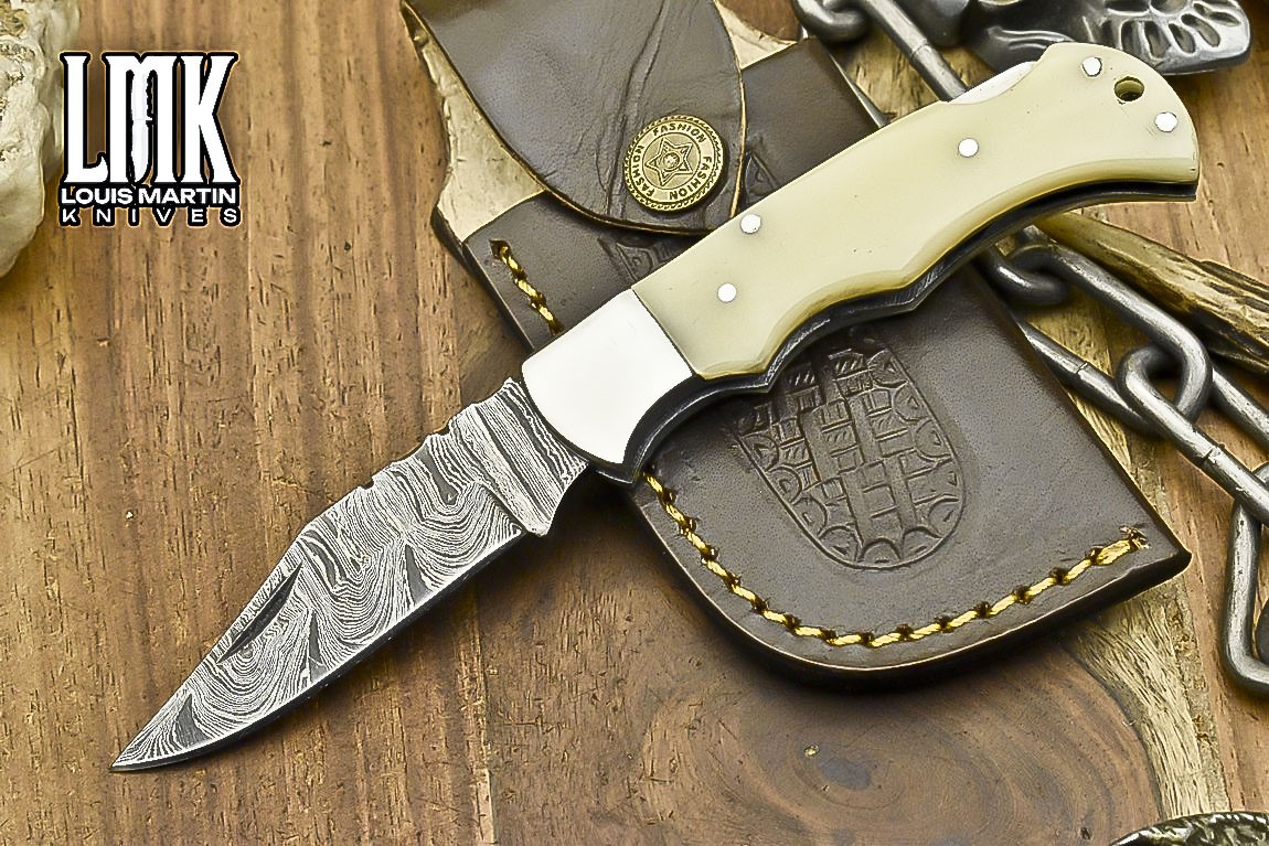 LMK Custom Twist Damascus Pocket Folding Knife Bone Back Lock Hiking Razor Sharp
