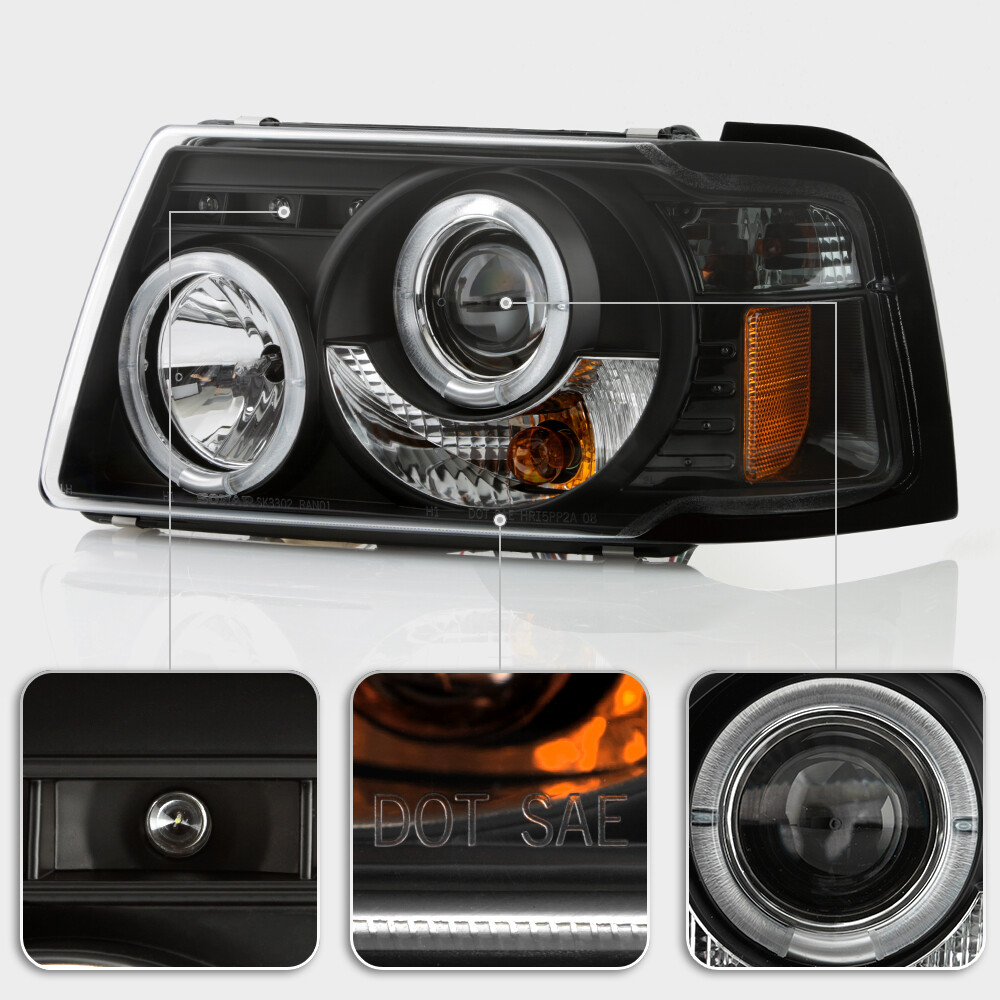 Blk 2001-2011 Ford Ranger LED Halo Projector Headlights w/Built In Corner Lamps