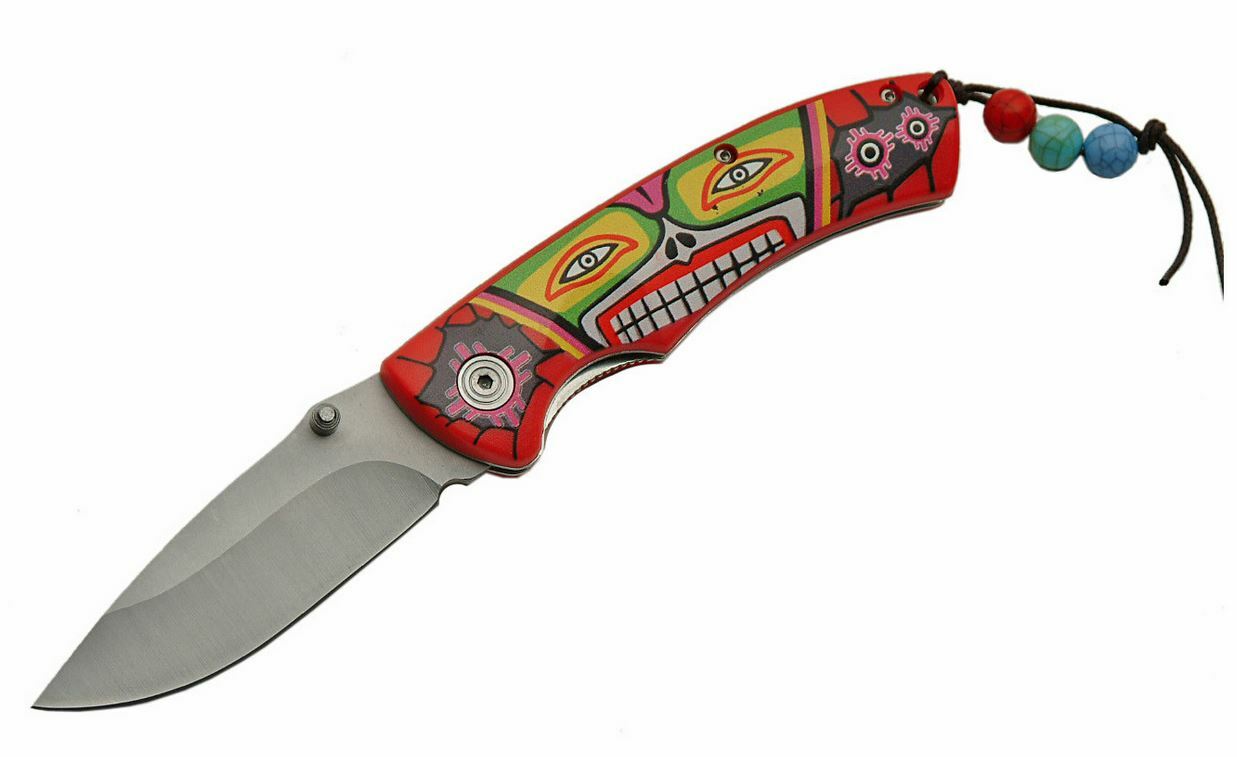 FOLDING POCKET KNIFE 3" Silver Blade Red Aztec Native American Tribal Spirit EDC