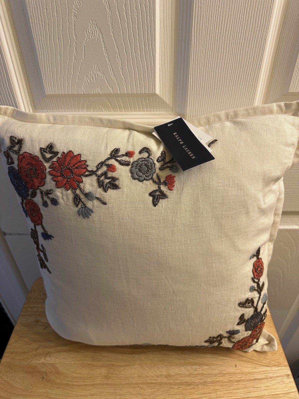 NWT Ralph Lauren Remy McCall Embroidery Cream Decorative Throw Pillow 18"x 18"