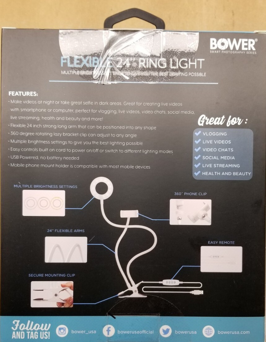 Bower - Flexible 24" LED Ring Light - White Vlogging Social Posts NEW