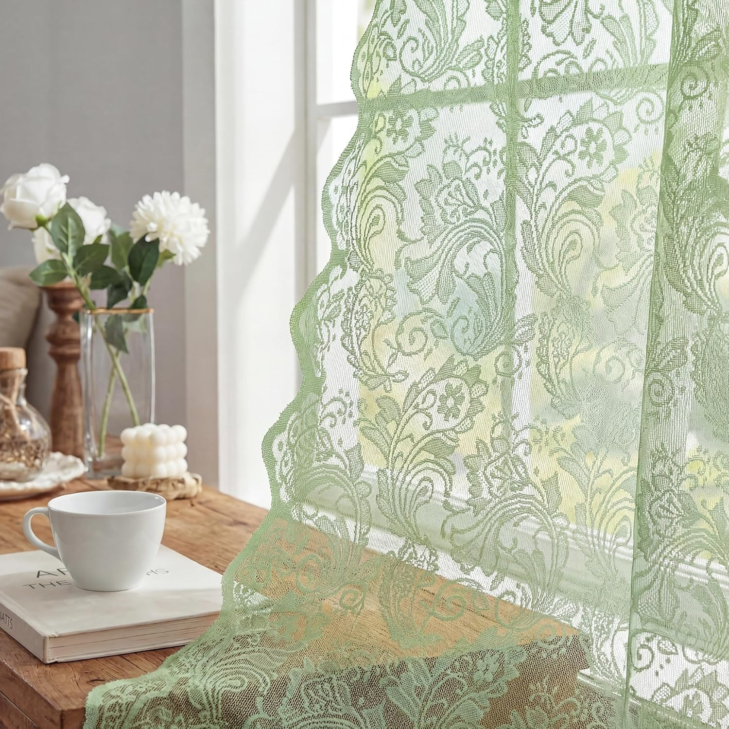 2Pcs Sage Green Lace Curtains for Window 55X84In, Floral, Victorian