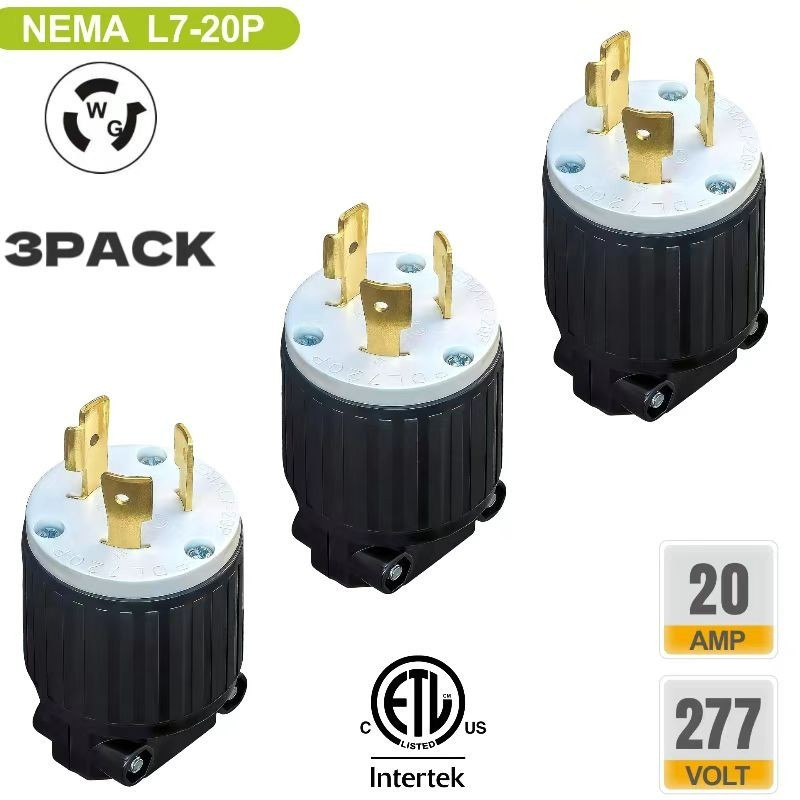 3 PACK NEMA L7-20P Twist Lock Male Plug Connector 20 Amp,277 Volt,2 Pole,3 Wire