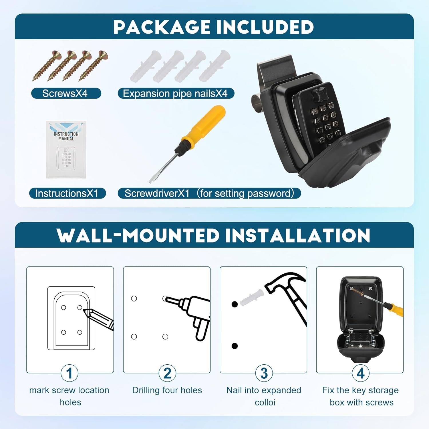 Key Lock Box Sturdy Waterproof Wall Mount Large Capacity Security Lockbox Home