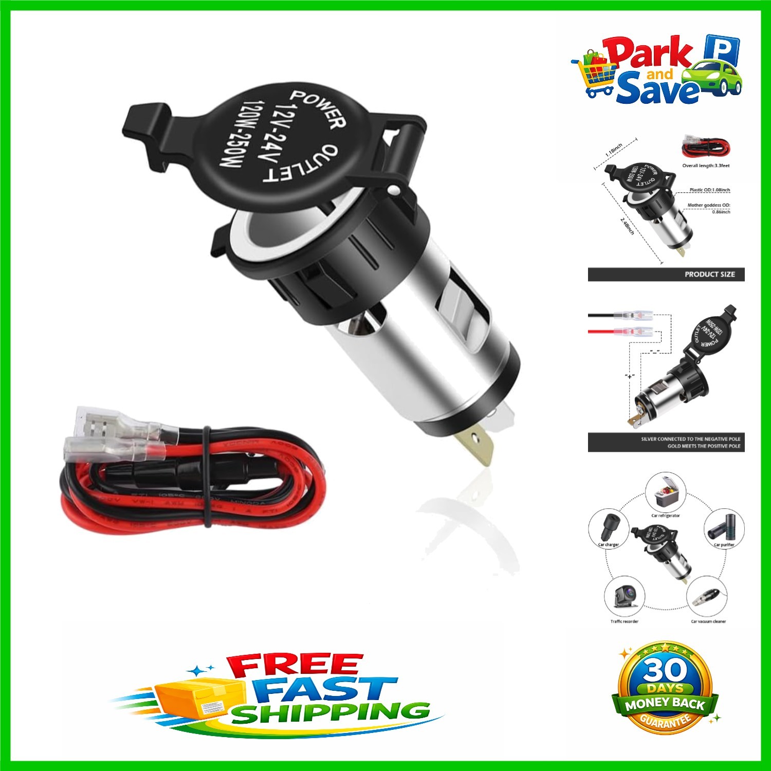 Heat Resistant Universal Cigarette Lighter Socket with Extension Cable Included