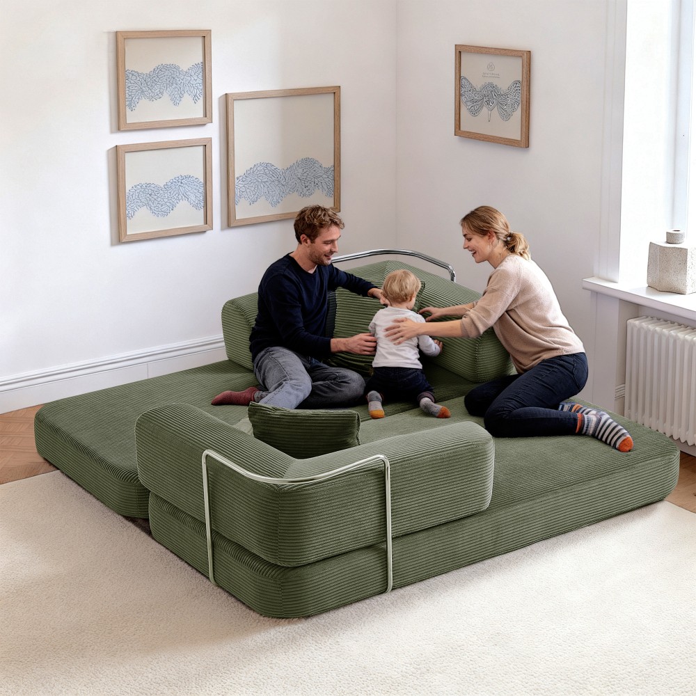 Convertible Floor Sofa Bed w/ Blanket Pillow, Modern Corduroy, Antique Green