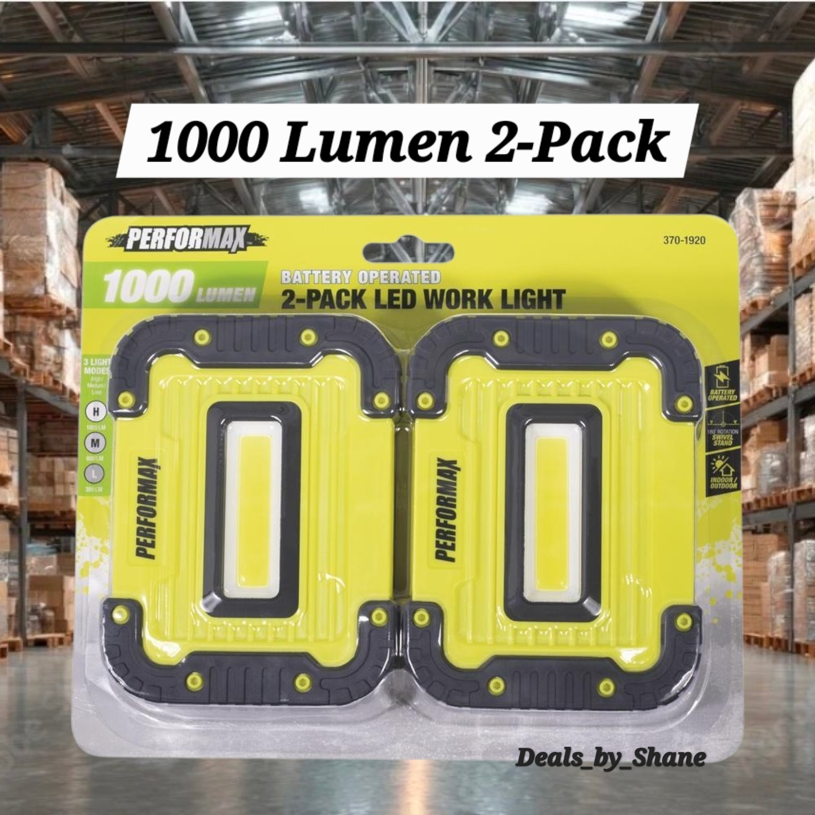 1000 Lumen 2 Pack Portable Work Light, 3-Mode, AA Battery Operated, Swivel Stand