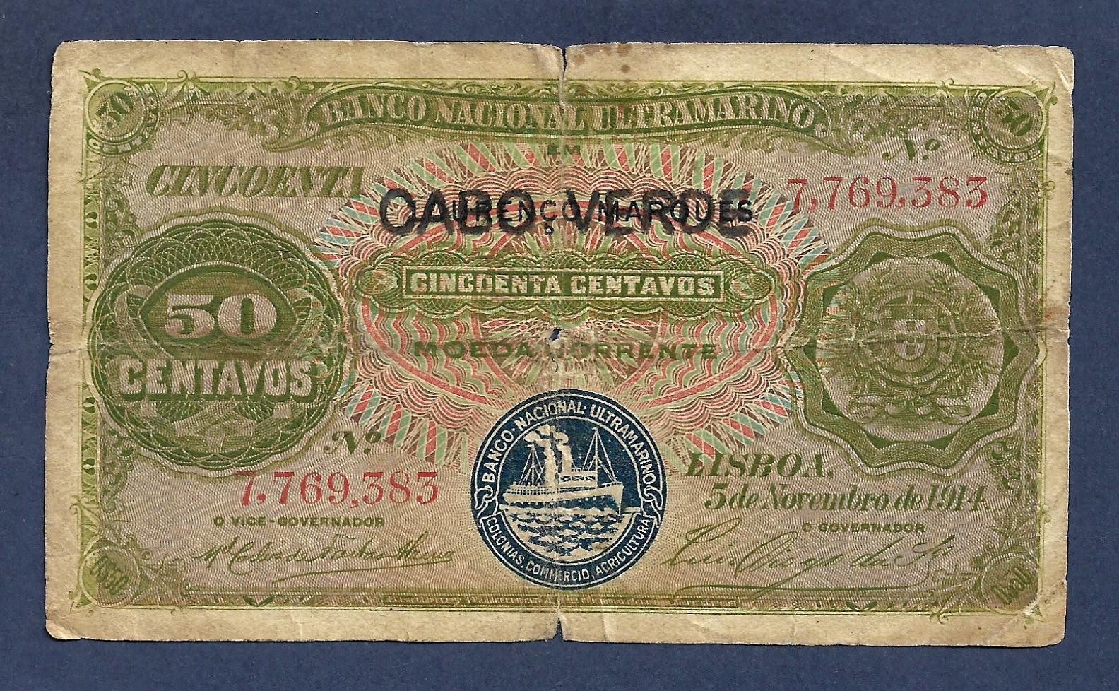 (DN) Cape Verde 50 Centavos 1914 P-22 Fine+