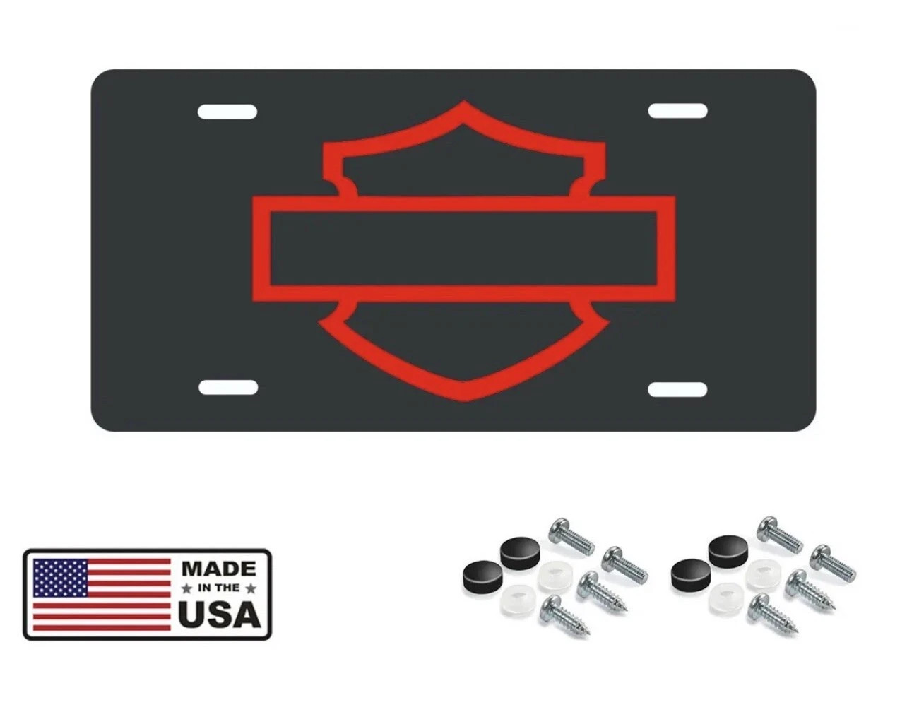 Harley Davidson Bar and Shield Gloss Black aluminum license plate, Red Logo
