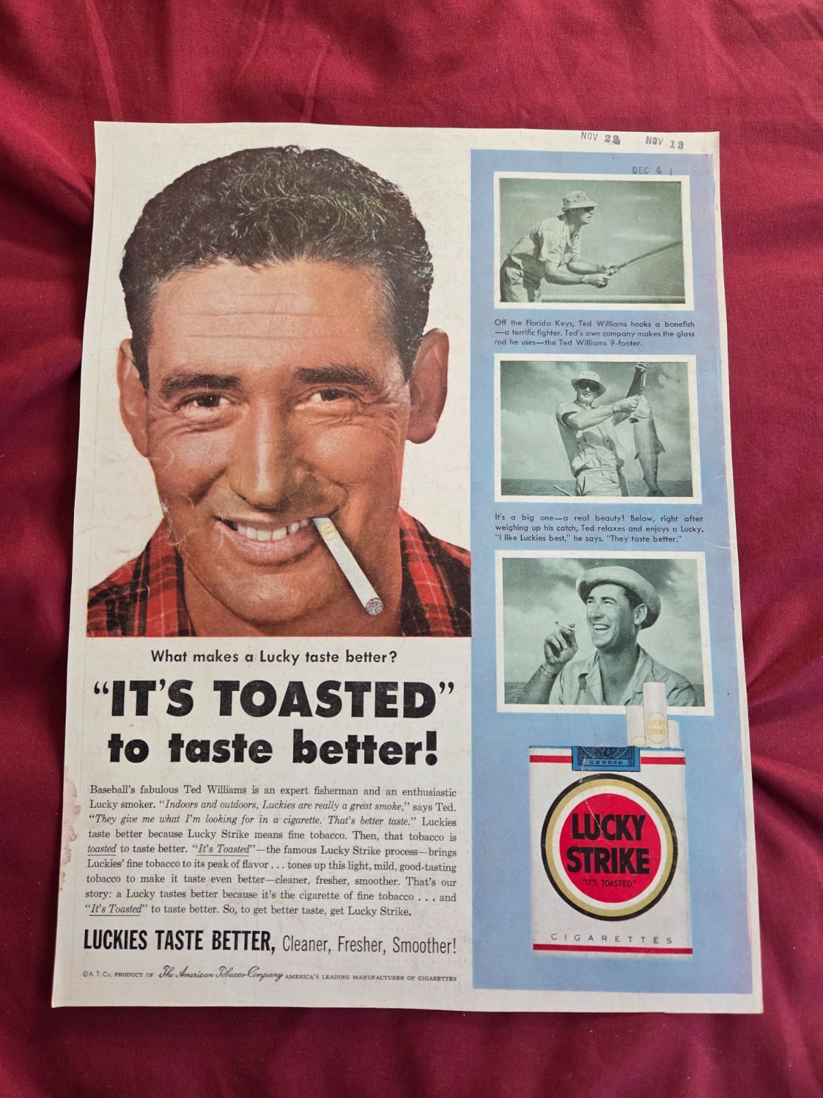 1948 Lucky Strike cigarettes Ted Williams Toasted Tastes Better Vintage Print Ad