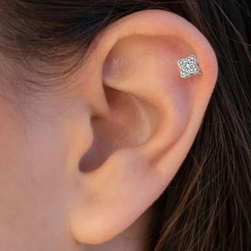 16G 5/16" Titanium Internally Threaded CZ Paved LV Clover Ear Daith Conch Labret