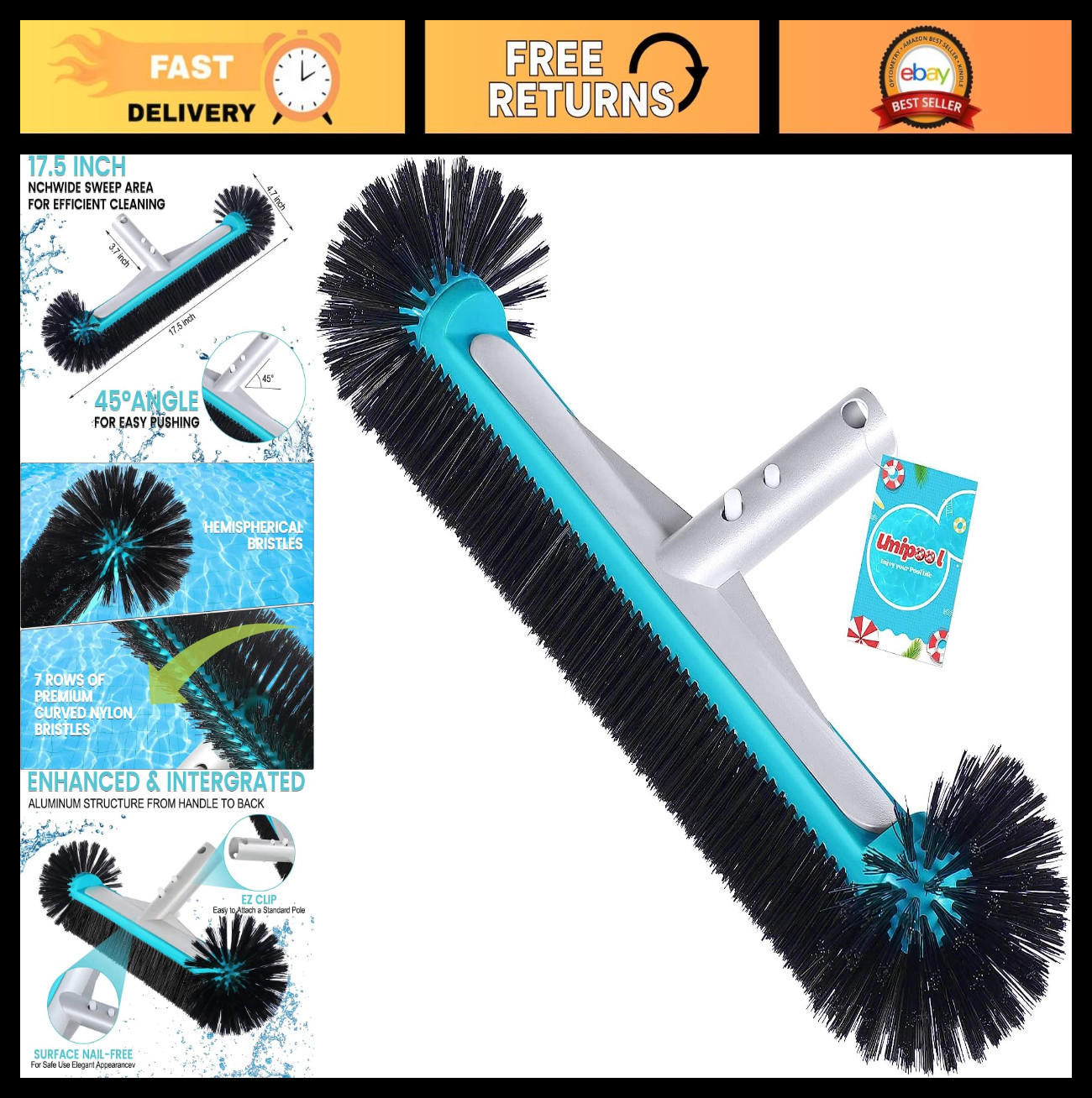 Heavy Duty 17.5" Pool Brush Head - Aluminum, Nylon Bristles for Walls & Floors