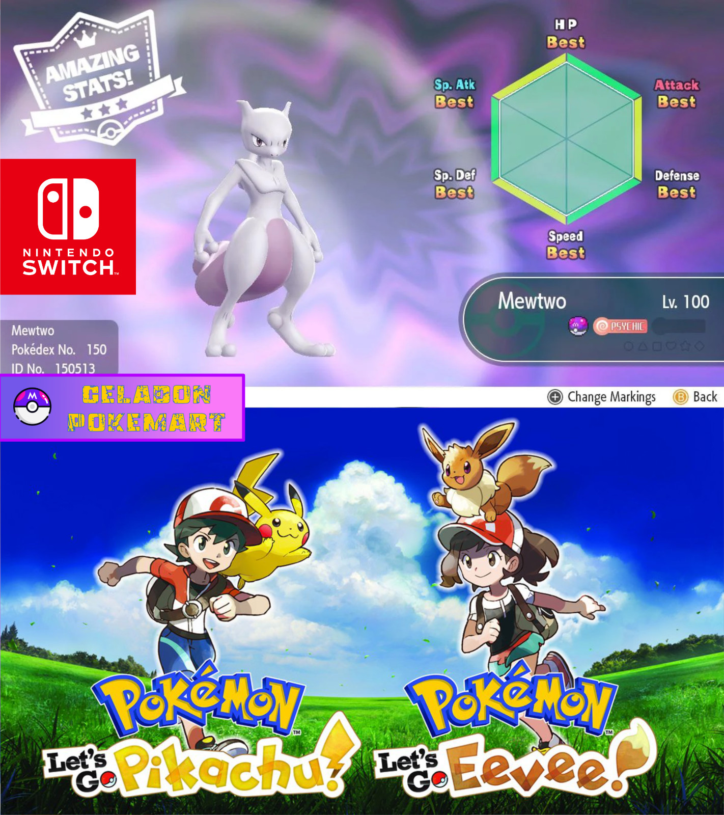 🟡🟤 MEWTWO Lv. 70 / 100 6IV Digital Transfer! 100% Legal - Pokemon Let's Go ✅