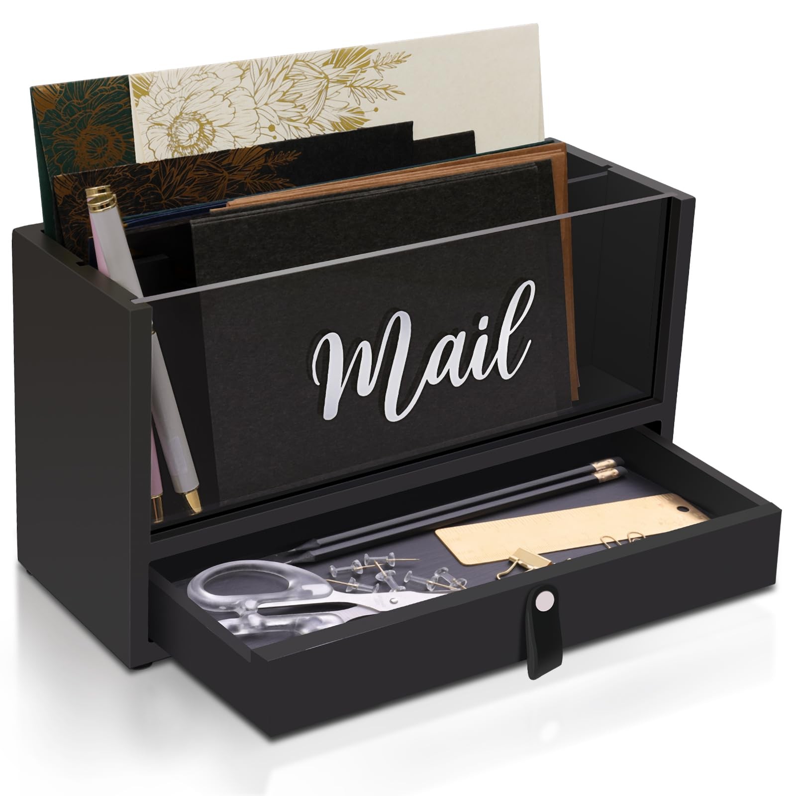 TwoLayer Solid Wooden Mail Storage Organizer Acrylic Top Drawer Letter Hold
