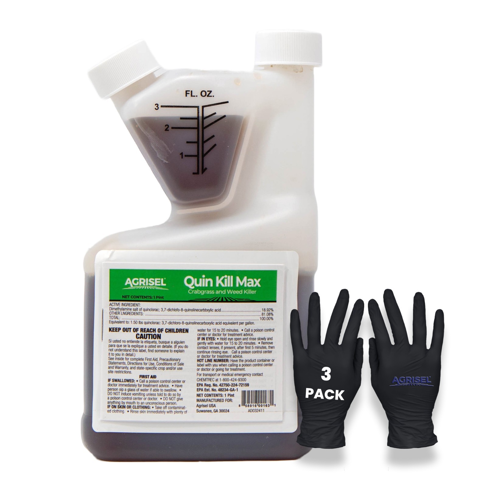 QuinKill Max Weed Killer, Includes 3-Pack of Agrisel Protective Gloves, 16oz
