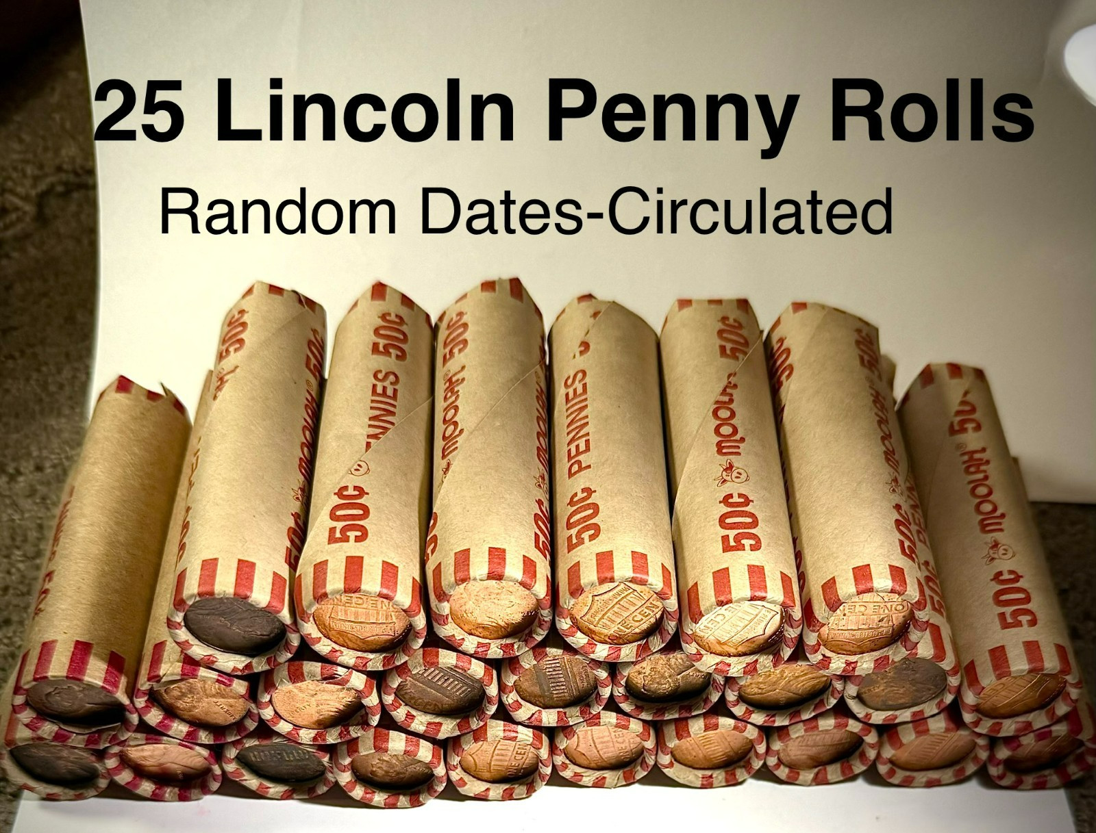 Hoard Lot -25 Rolls - Circulated Lincoln Pennies - Random Dates - Repacked Coins