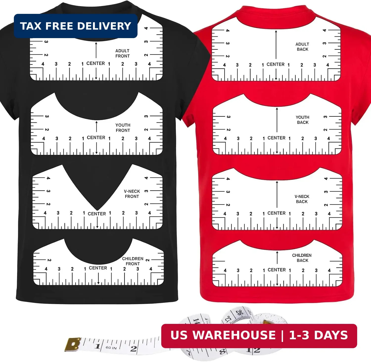 9Pcs Tshirt-Ruler Guide to Center Vinyl, Transparent V-Neck/Round PVC Ruler for