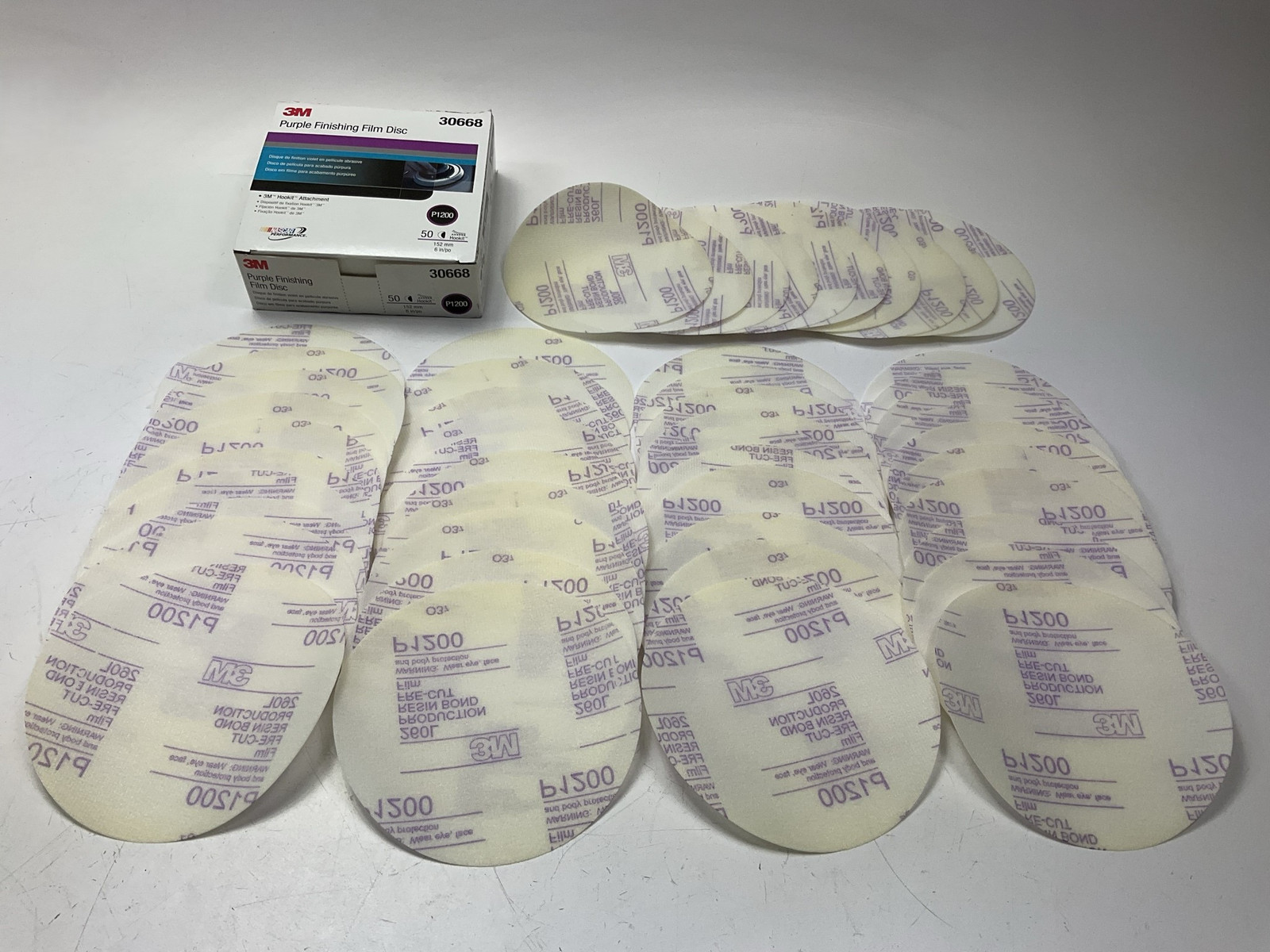 3M 30668 6" 1200 Grit Purple Finishing Film Hookit Sanding Disc. 50 Per Box