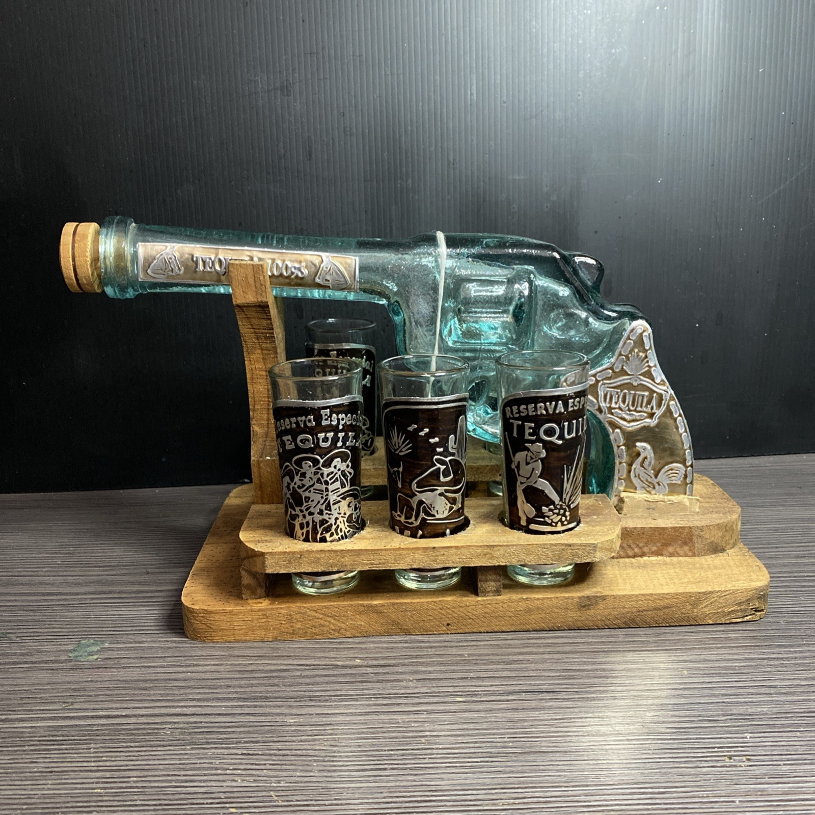Tequila Empty Bottle Revolver And Shot Glasses With Wood Display Stand
