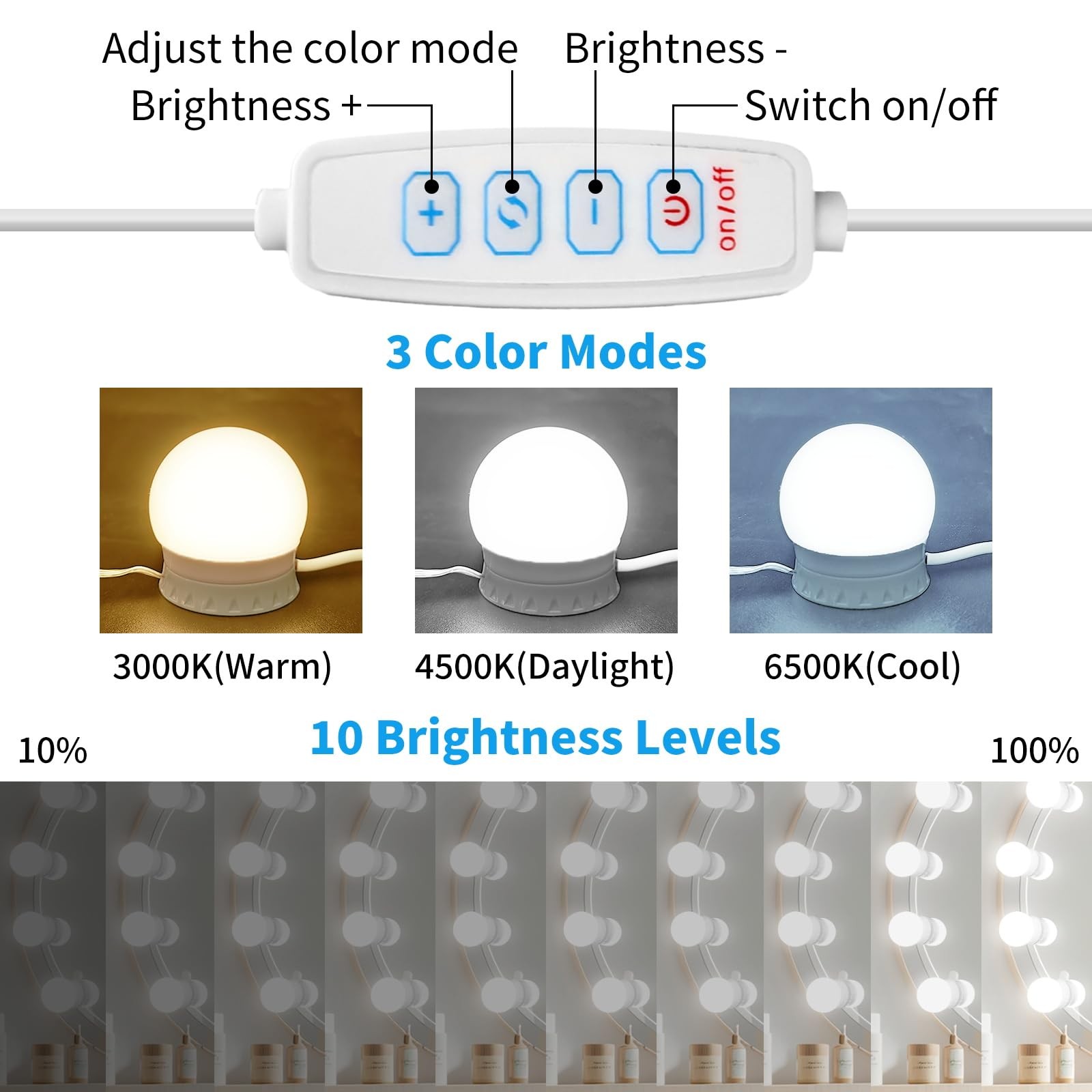 Mirror Vanity Lights 12 Dimmable Bulbs 3000K-6500K USB Powered LED Adjustable