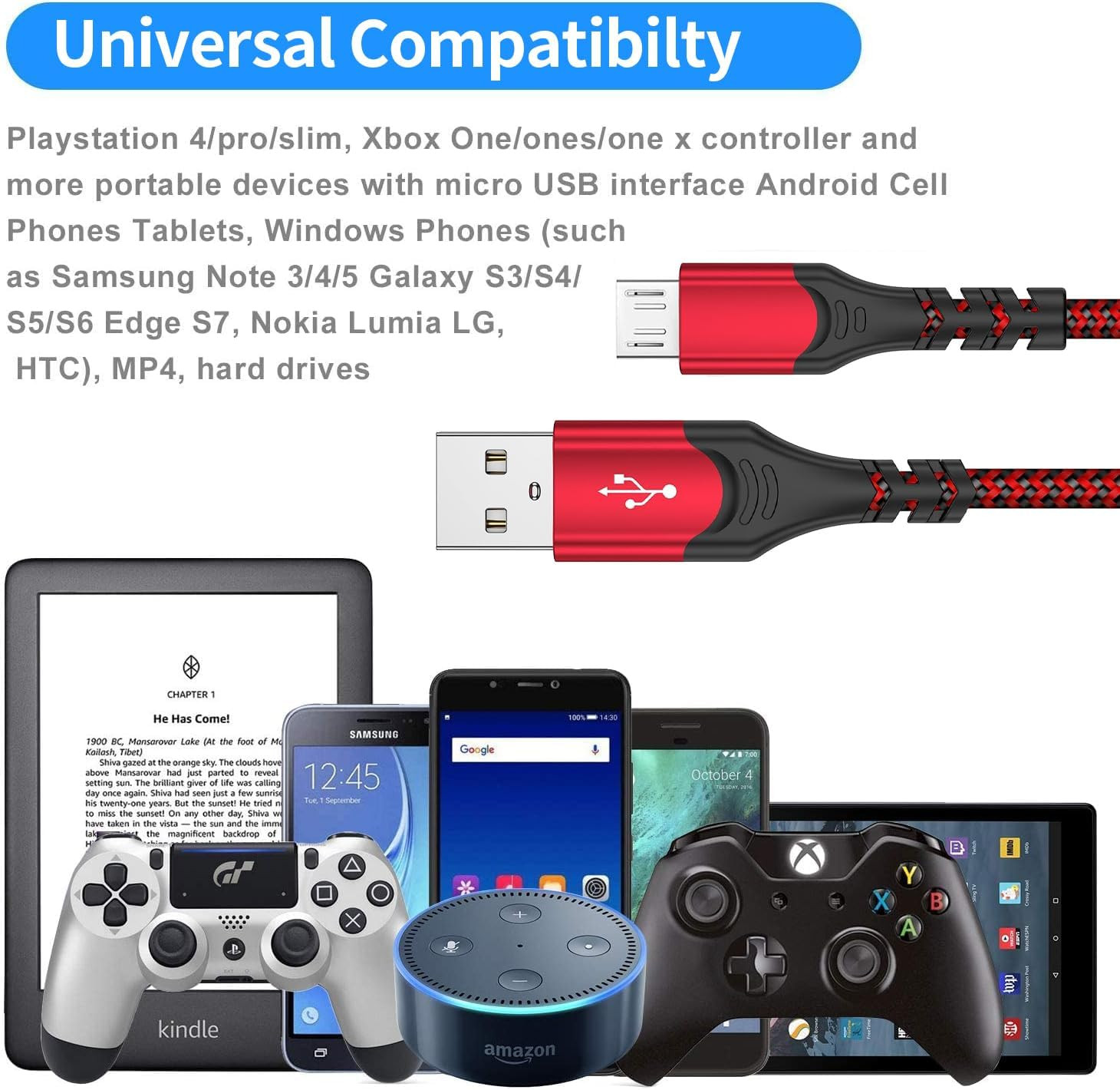 PS4 Controller Charger Charging Cable – 2 Pack 10FT Nylon Braided Micro USB 2.0