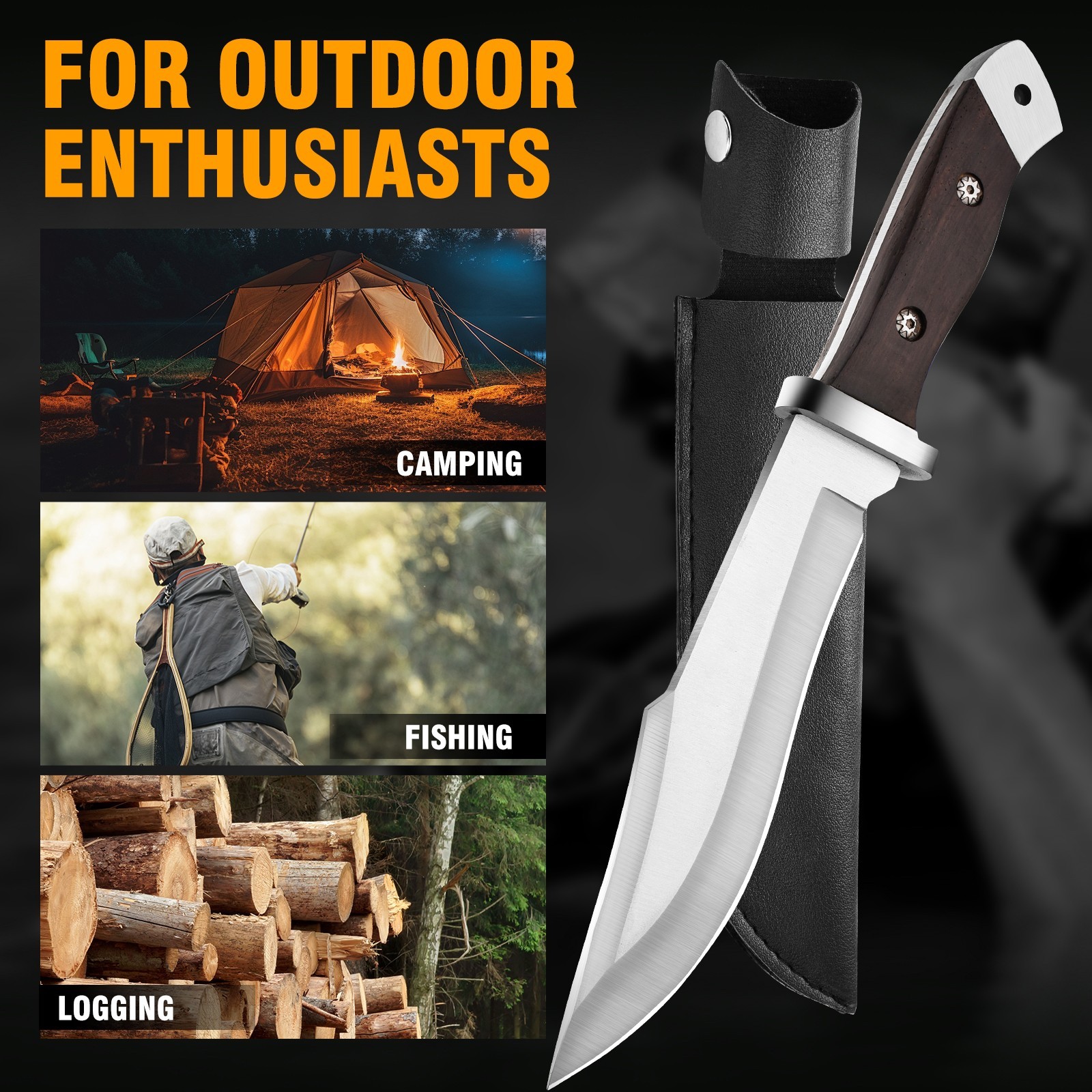 Fixed Blade  Knife - 5cr steel material, Wooden Handle Leather Sheath & Camping