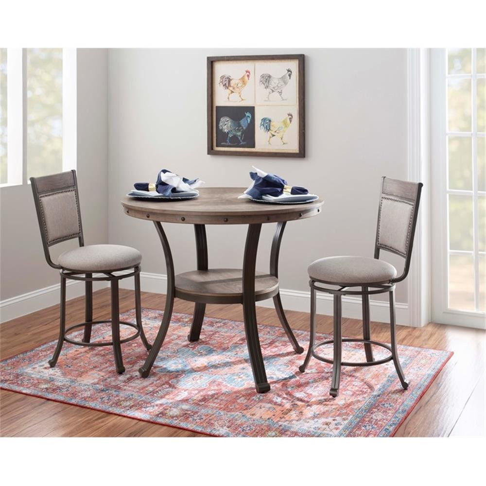 Pemberly Row 24" Traditional Metal & Fabric Swivel Counter Stool in Pewter/Beige