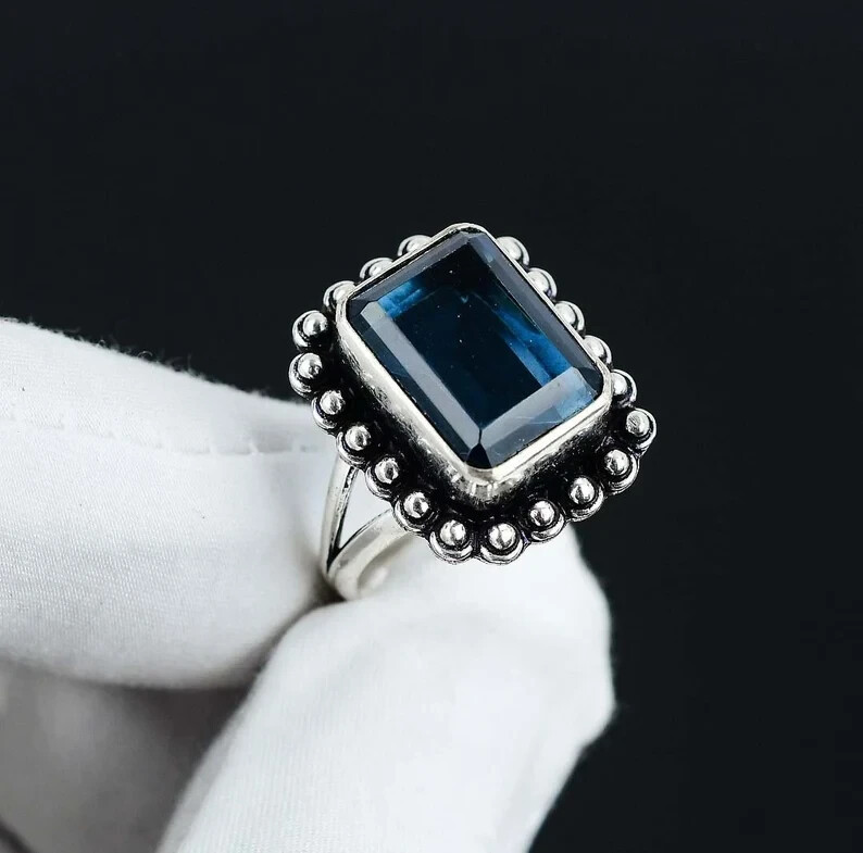 Blue Onyx Solid 925 Sterling Silver Statement Handmade Women Ring All Size M1052