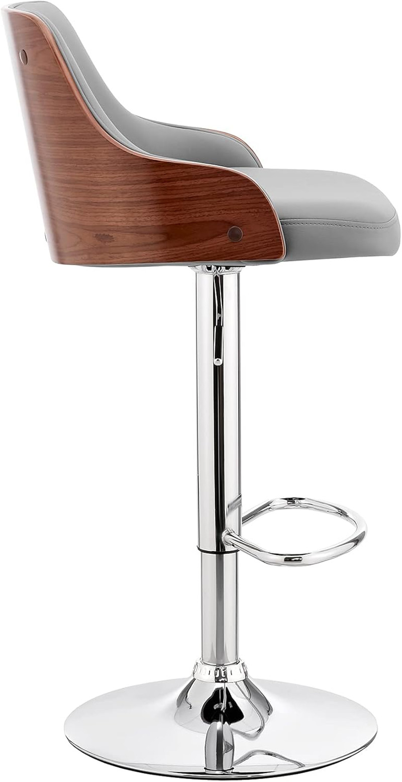 Modern Adjustable Gray Faux Leather Bar Stool with Walnut Wood Base