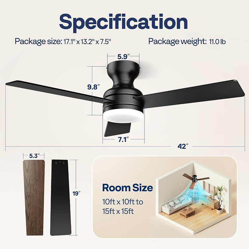 42'' Flush Mount LED Ceiling Fan with Light & Remote 6+1 Speeds, 3CCT, Dimmable