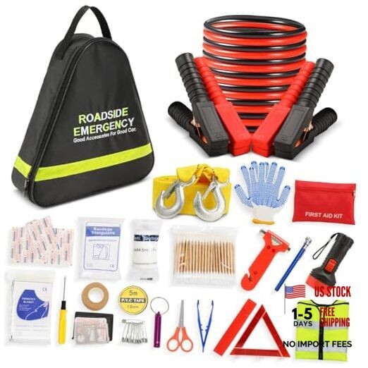 Car Emergency Kit with Jumper Cables, Roadside Safety Emergency Car 23pcs Black