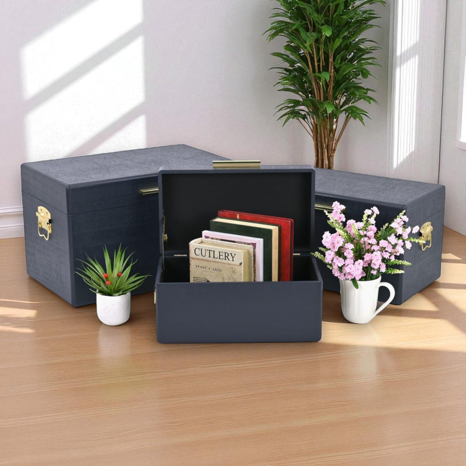 Sable Navy Rectangle Wood Trunks Gold Handles Set 3