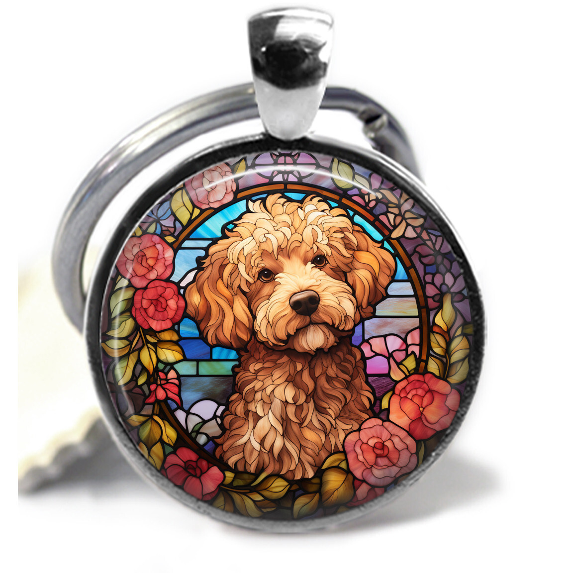 Labradoodle Puppy Dog Mom Gift Key Chain Key Ring Faux Stained Glass Art Print