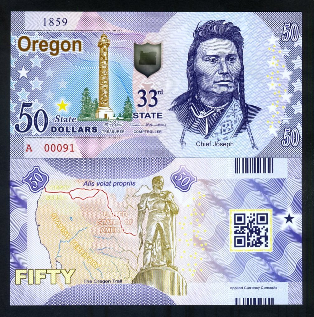 USA States, Oregon, $50, Polymer, ND (2018), UNC - Chief Joseph, Oregon Trail F