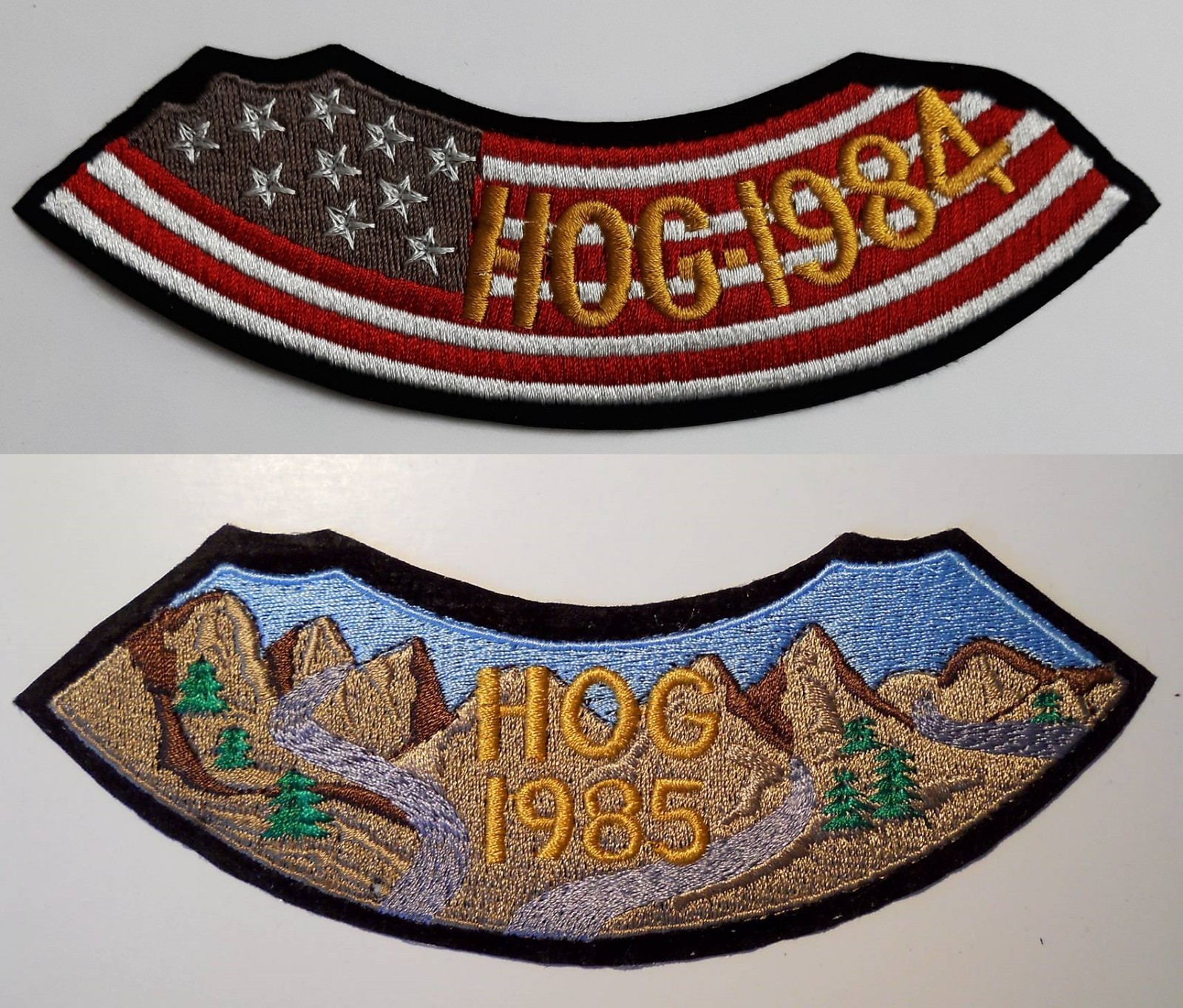 1984 & 1985 HOG HARLEY DAVIDSON OWNERS GROUP ROCKER PATCH NOS 1984 BROWN FLAG