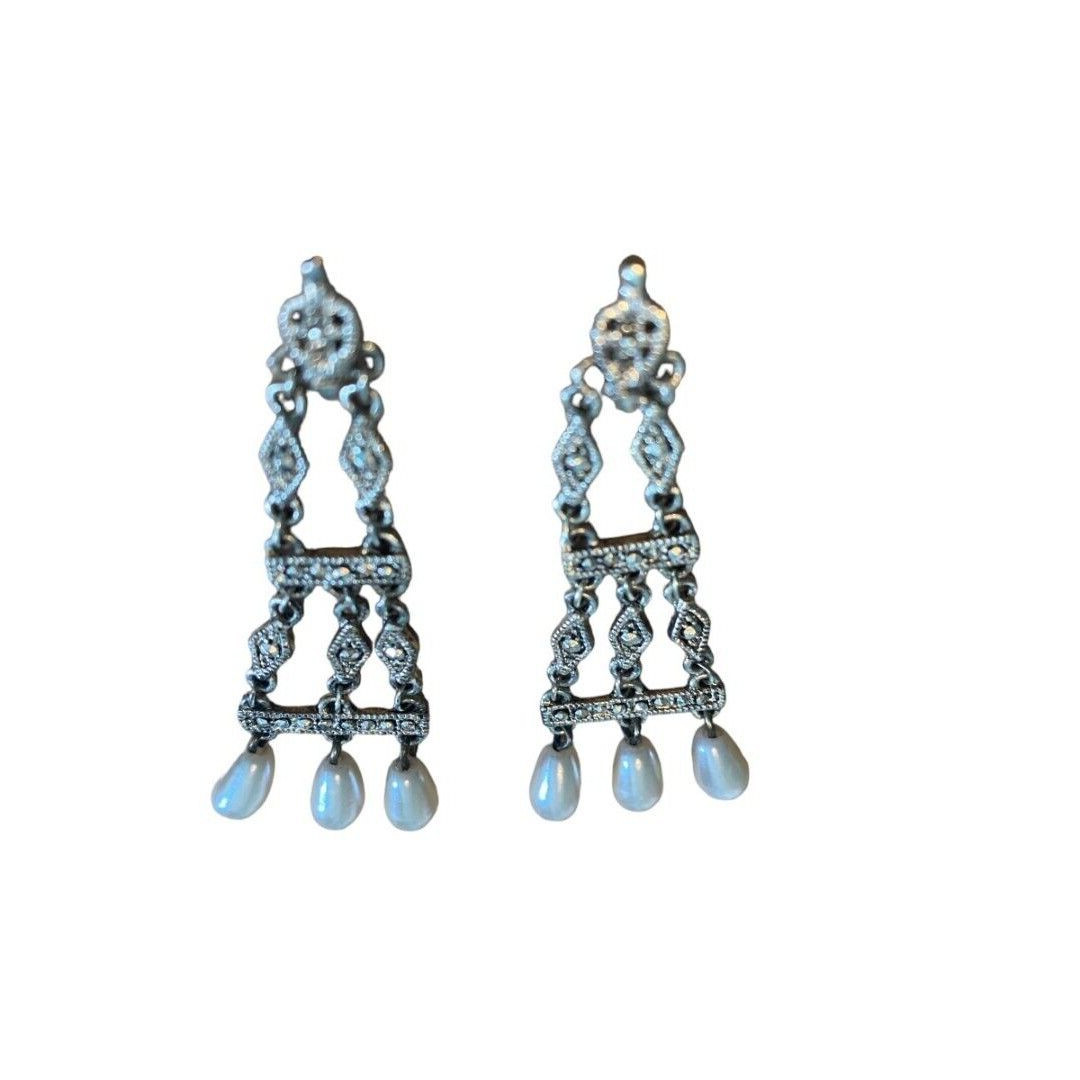 Chandelier Teardrop Faux Pearl Silvertone Ornate Pierced Earrings