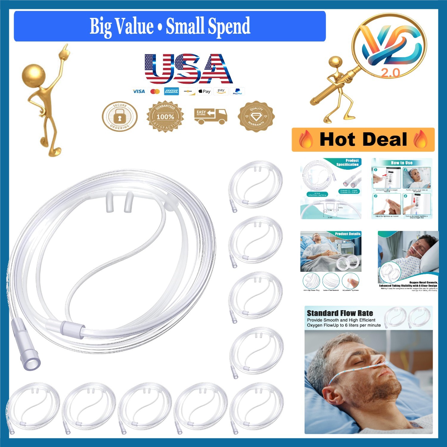 10 Pack Adult Oxygen Nasal Cannula 4Ft Soft Flexible Latex-Free Tubing