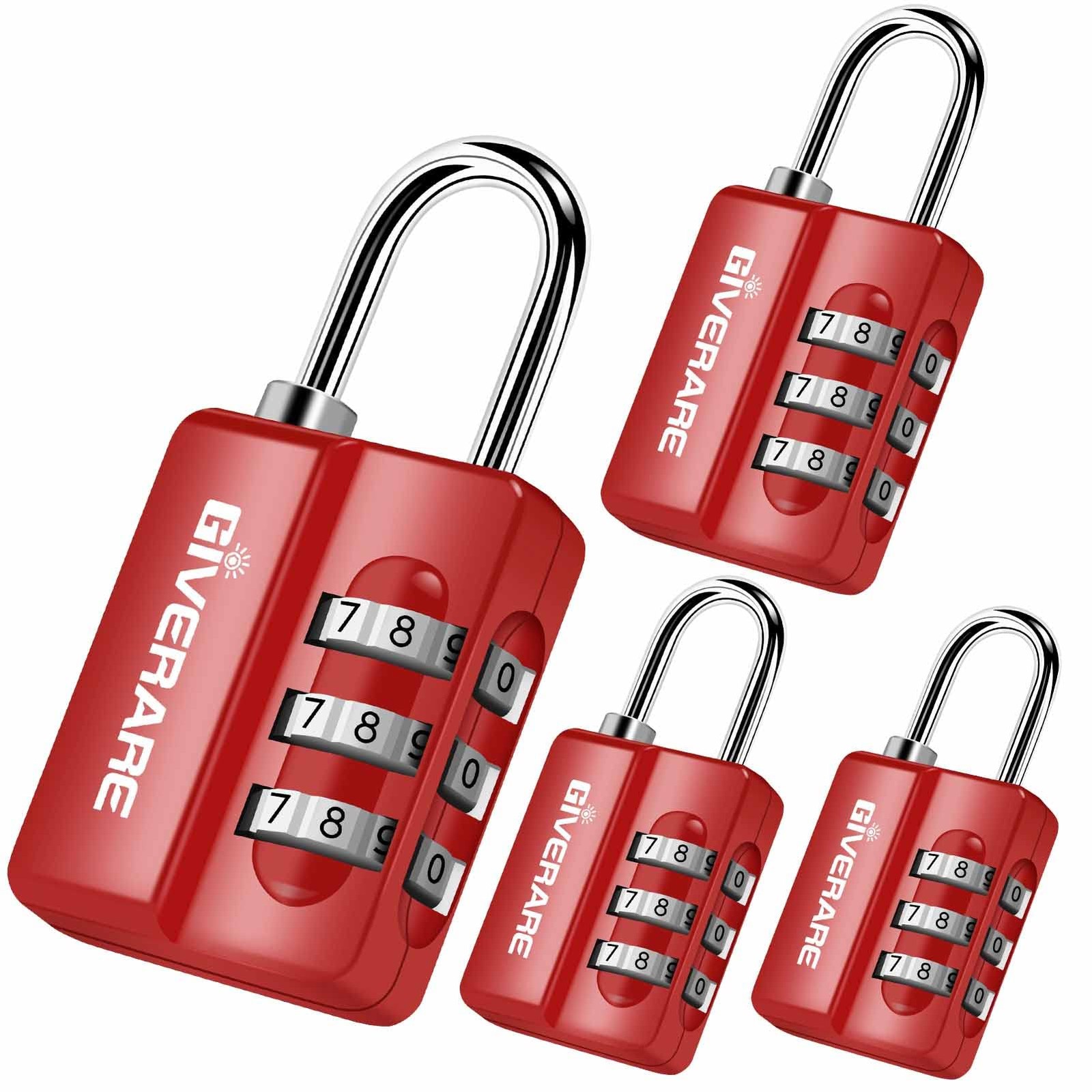 GIVERARE 4 Pack Combination Lock, 3-Digit Padlock Keyless, Small, Red