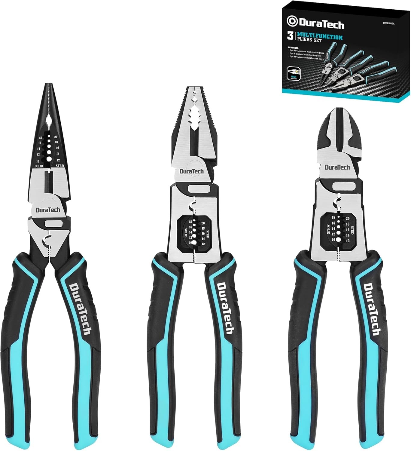 3PCS Pliers Set, Large 6 in 1 Multifunctional Wire Stripper Crimper Cutter, 8.5"