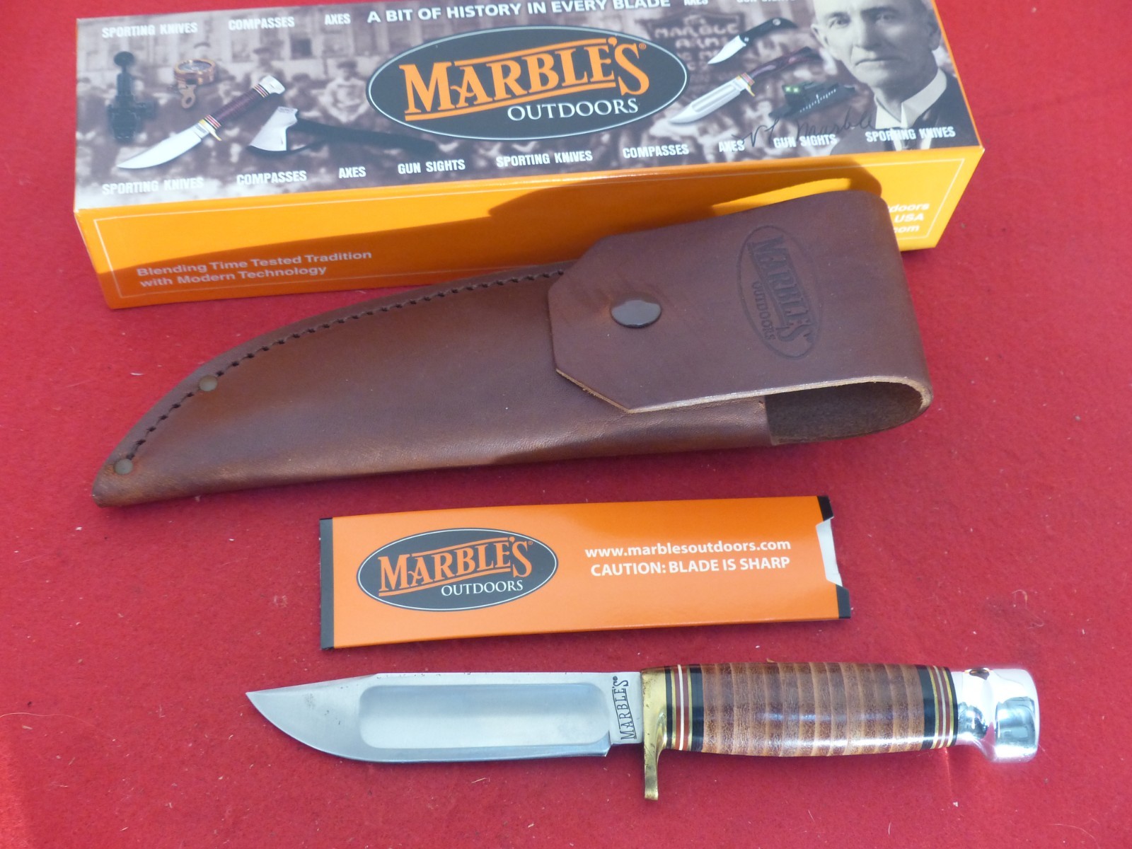Marbles Gladstone USA mint in box Ideal stacked leather fixed blade knife