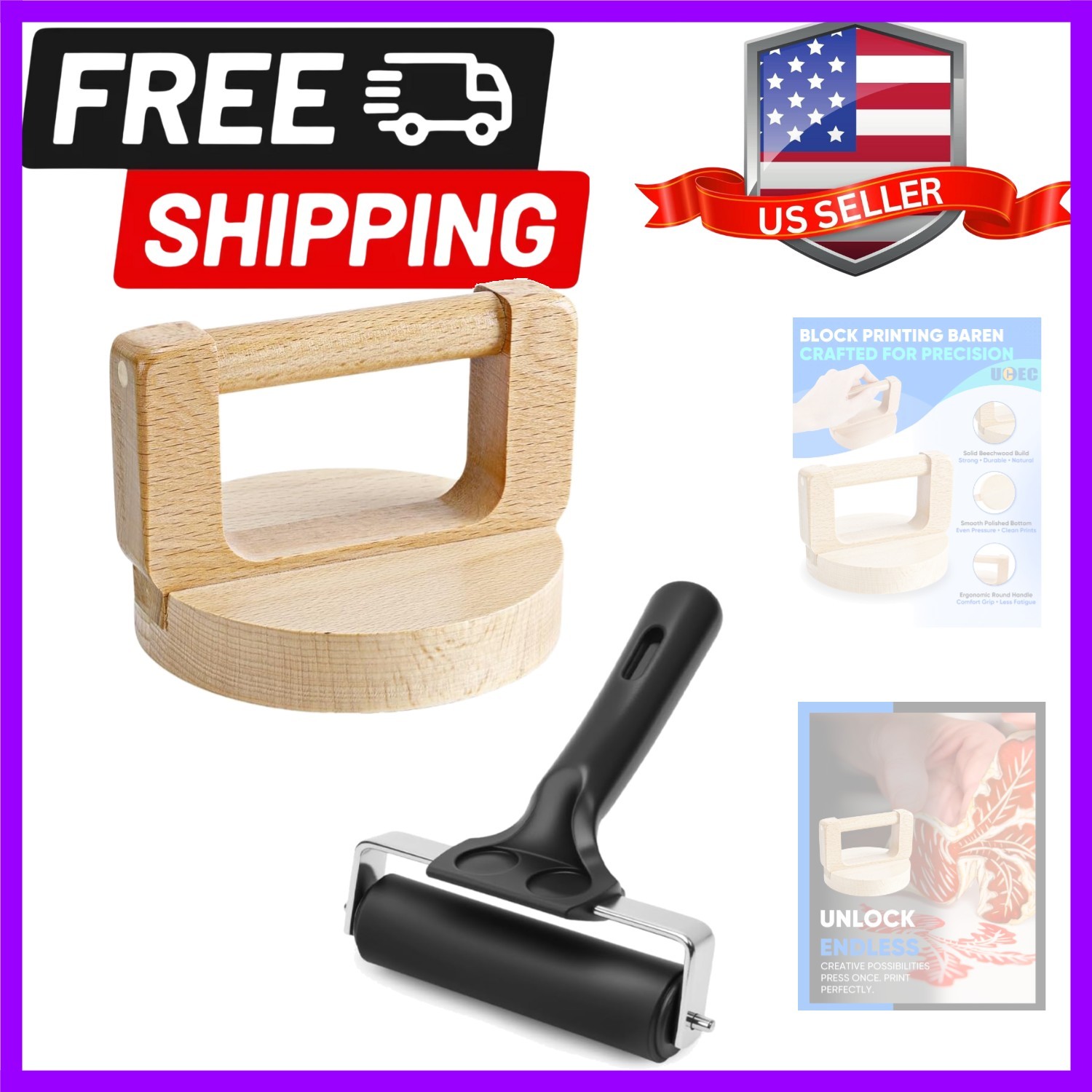 1+1 Pack Block Printing Baren and Rubber Brayer Roller Set, 4 Inch Brayer Rol...