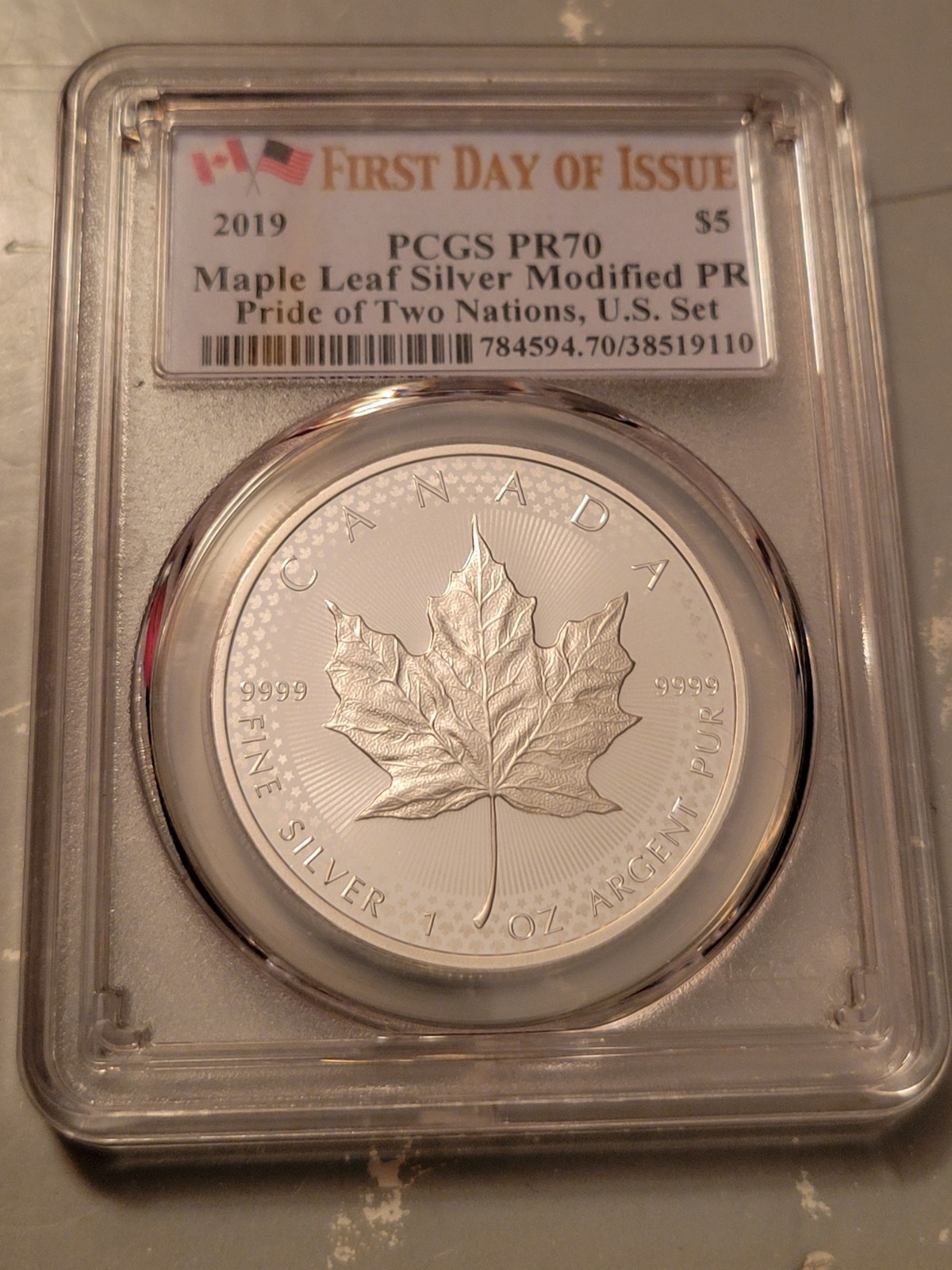 2019 $5 SILVER MAPLE LEAF - PRIDE OF TWO NATIONS - PCGS PR70 - FDOI