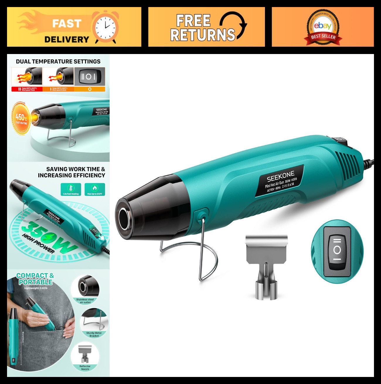350W Mini Heat Gun, Dual Temp 500℉ & 842℉, Fast Heating, Overheat Protection, No