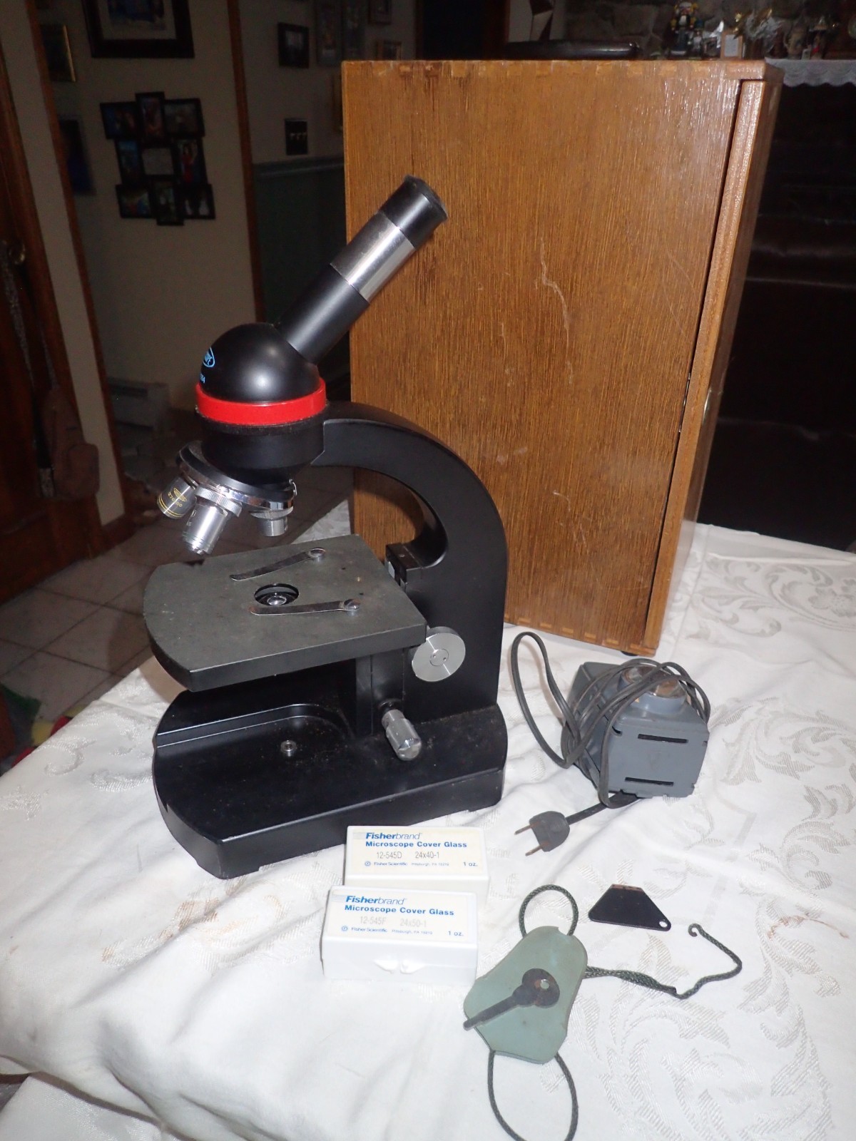 Vintage Lumiscope Microscope with Wood Box  slide illuminator w/glass slides