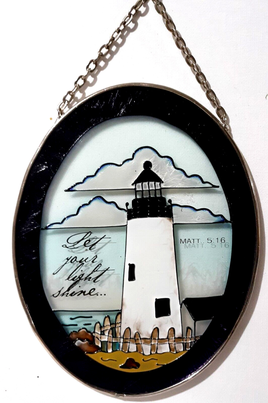 Stained Glass Lighthouse Suncatcher "Let Your Light Shine" Matthew 5:16 7x5 1/2"